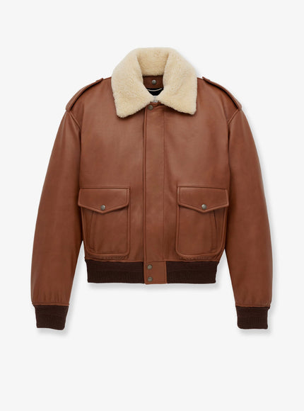 Saint Laurent Leather Bomber Jacket With Shearling Collar Marron Terracotta No