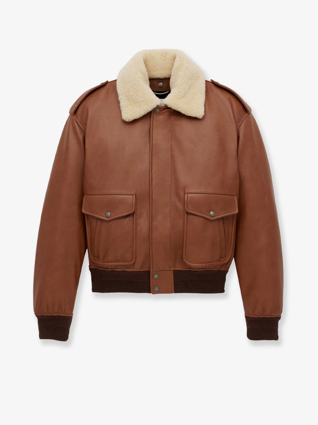 Saint Laurent Leather Bomber Jacket With Shearling Collar Marron Terracotta No
