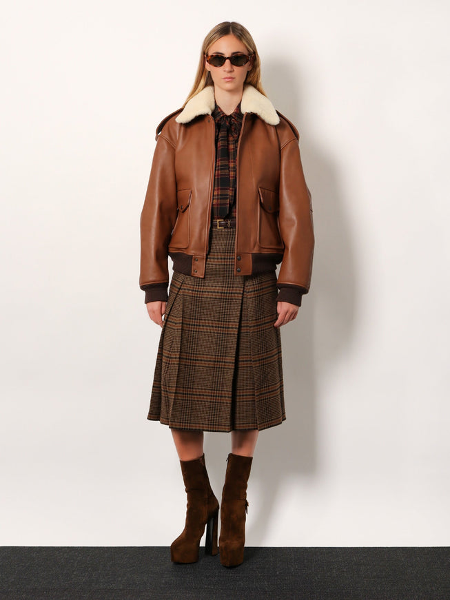 Saint Laurent Leather Bomber Jacket With Shearling Collar