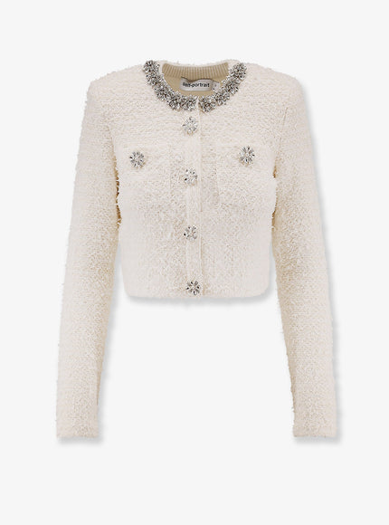 Self Portrait Cotton Blend Cardigan With Rhinestones Cream