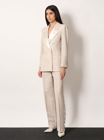 Stella Maxwell X Marella Double-Breasted Wool Blend Blazer With Satin Profiles