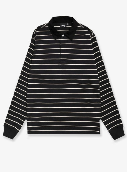 Stussy Pin Striped Rugby Cotton Polo Shirt Black