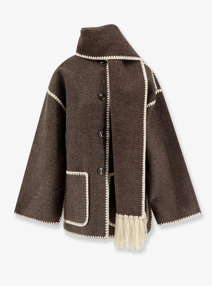 Toteme Embroidered Scarf Wool Blend Jacket Chocolate Melange