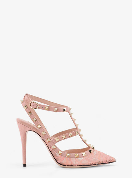 Valentino Garavani Rockstud Suede And Lace Pumps Peach Rose