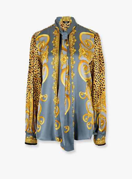 Versace Cheetah Foulard Lavallière Silk Shirt Light Grey+Elephant Grey