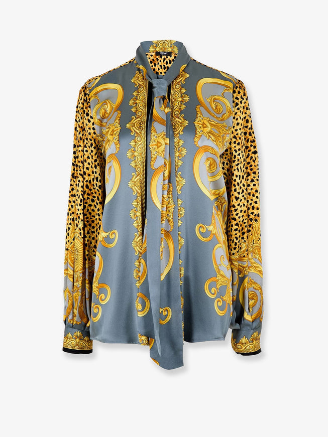 Versace Cheetah Foulard Lavallière Silk Shirt Light Grey+Elephant Grey