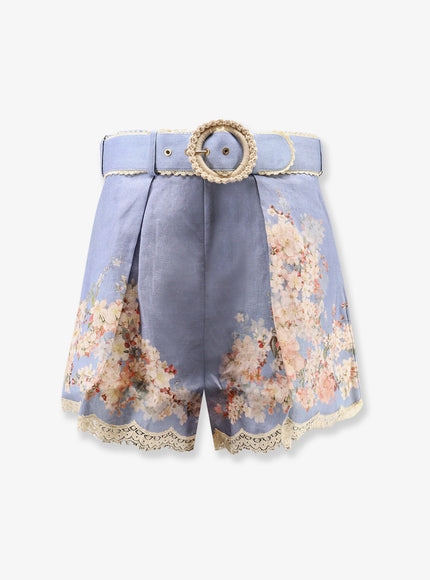 Zimmermann Cascadian Tuck Ramie Shorts Teal Blue Botanical Floral