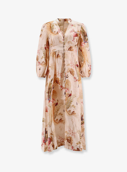 Zimmermann Ascension Plunge Linen Midi Dress Cream Palm Floral