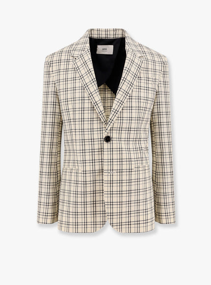 Ami Paris Virgin Wool Blazer With Madras Motif Bianco
