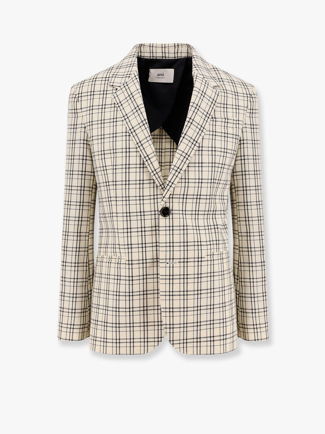 Ami Paris Virgin Wool Blazer With Madras Motif Bianco