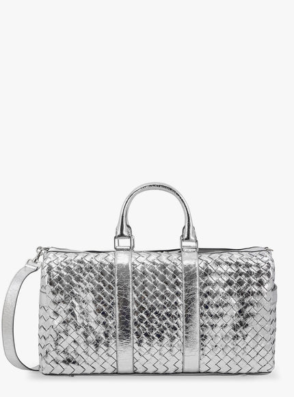 Bottega Veneta Silver Leather Duffle Bag With Intrecciato Motif Uni Argento