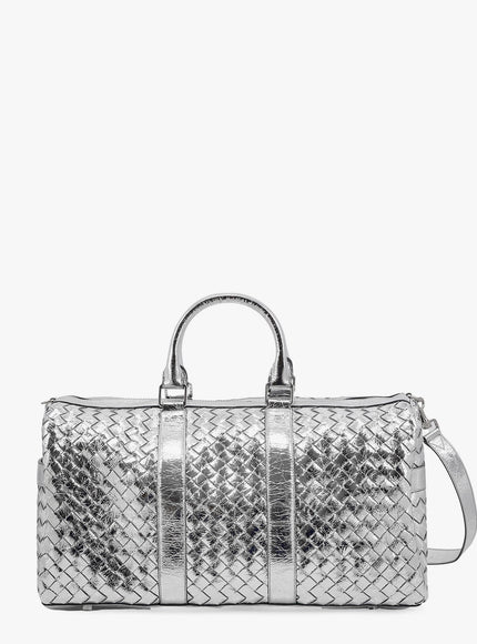 Bottega Veneta Silver Leather Duffle Bag With Intrecciato Motif