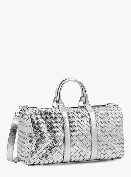 Bottega Veneta Silver Leather Duffle Bag With Intrecciato Motif