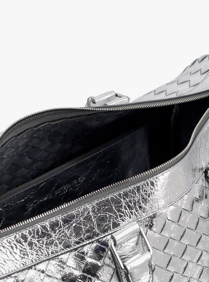 Bottega Veneta Silver Leather Duffle Bag With Intrecciato Motif