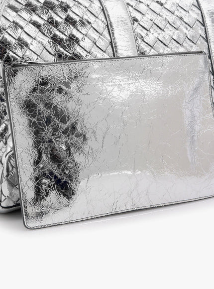 Bottega Veneta Silver Leather Duffle Bag With Intrecciato Motif