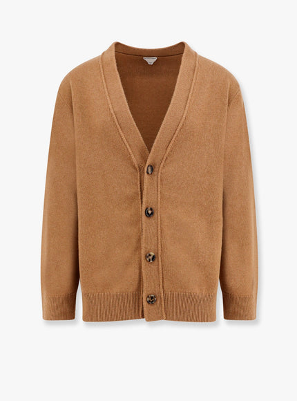 Bottega Veneta Cashmere Cardigan With Intrecciato Iconic Motif Leather Details Marrone