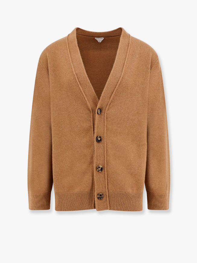 Bottega Veneta Cashmere Cardigan With Intrecciato Iconic Motif Leather Details Marrone