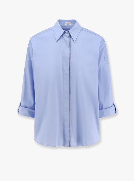 Brunello Cucinelli Cotton Blend Shirt With Shiny Trim Blu