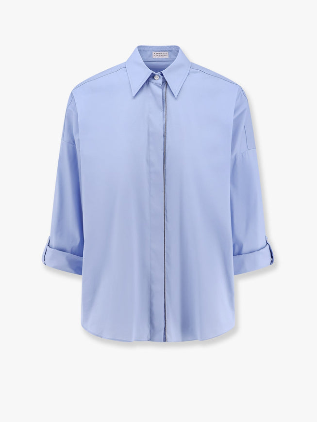 Brunello Cucinelli Cotton-Blend Monili Trim Shirt Blu