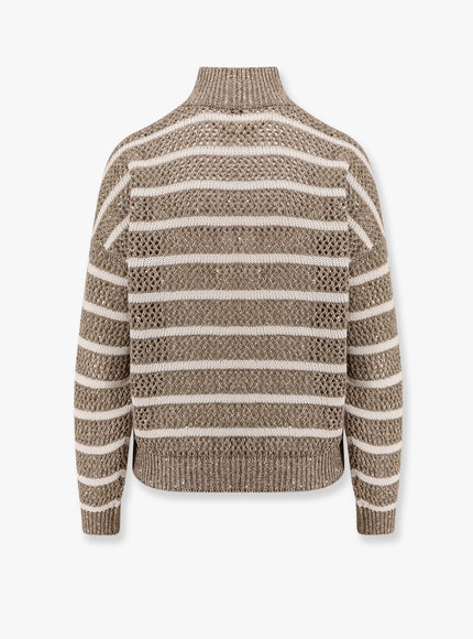 Brunello Cucinelli Dazzling Striped Net Linen Blend Cardigan With Sequins