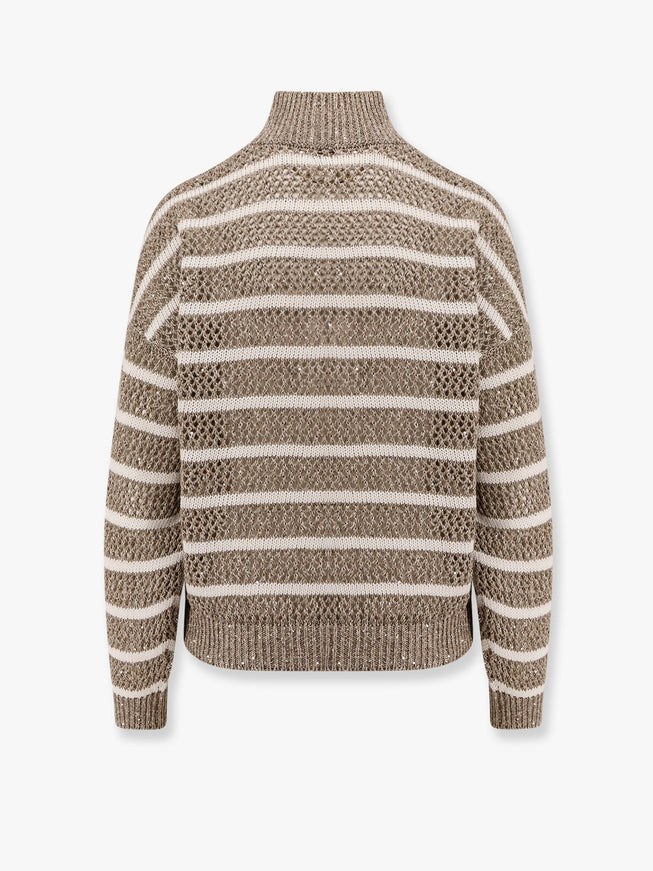 Brunello Cucinelli Dazzling Striped Net Linen Blend Cardigan With Sequins