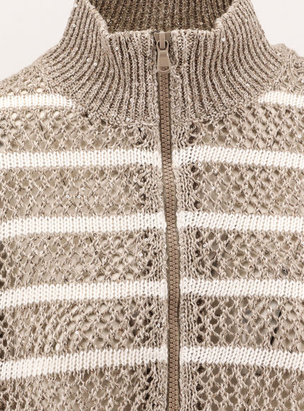Brunello Cucinelli Dazzling Striped Net Linen Blend Cardigan With Sequins