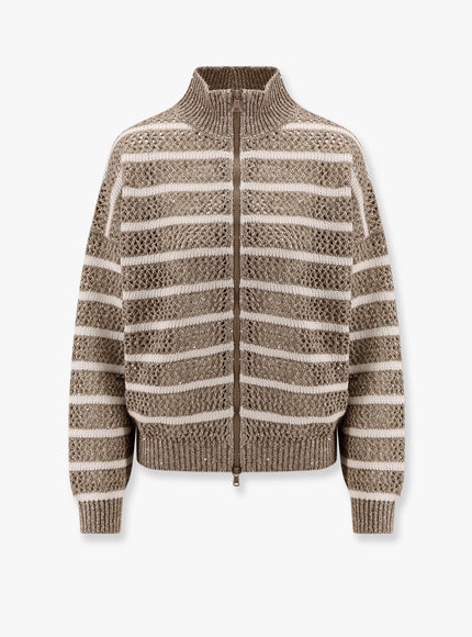 Brunello Cucinelli Dazzling Striped Net Linen Blend Cardigan With Sequins Beige