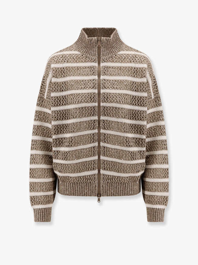 Brunello Cucinelli Dazzling Striped Net Linen Blend Cardigan With Sequins Beige