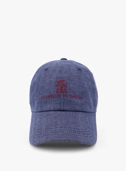 Brunello Cucinelli Linen Hat With Frontal Logo Blu