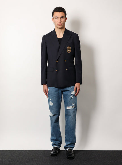 Dolce & Gabbana Stretch Virgin Wool Blazer With Frontal Logo Patch