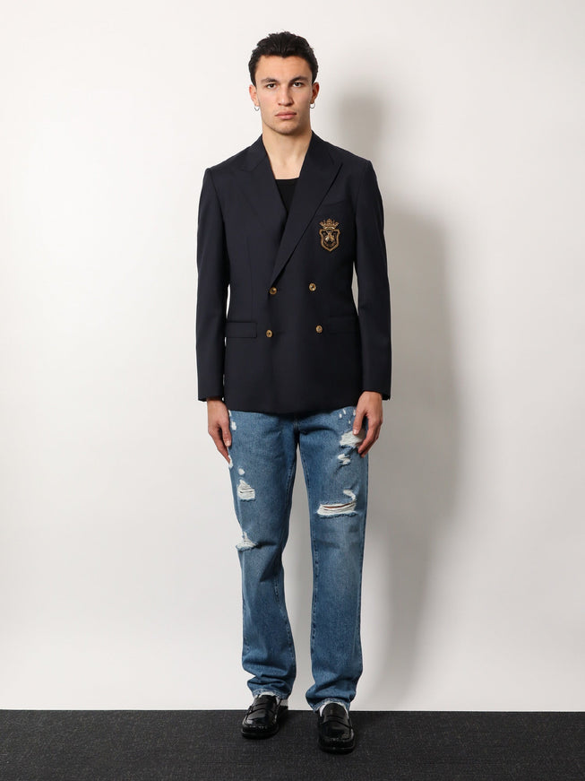 Dolce & Gabbana Stretch Virgin Wool Blazer With Frontal Logo Patch