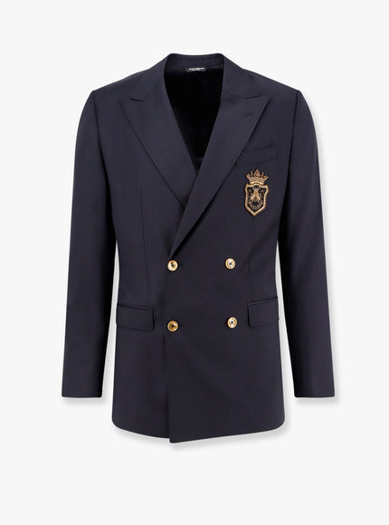Dolce & Gabbana Stretch Virgin Wool Blazer With Frontal Logo Patch Blu