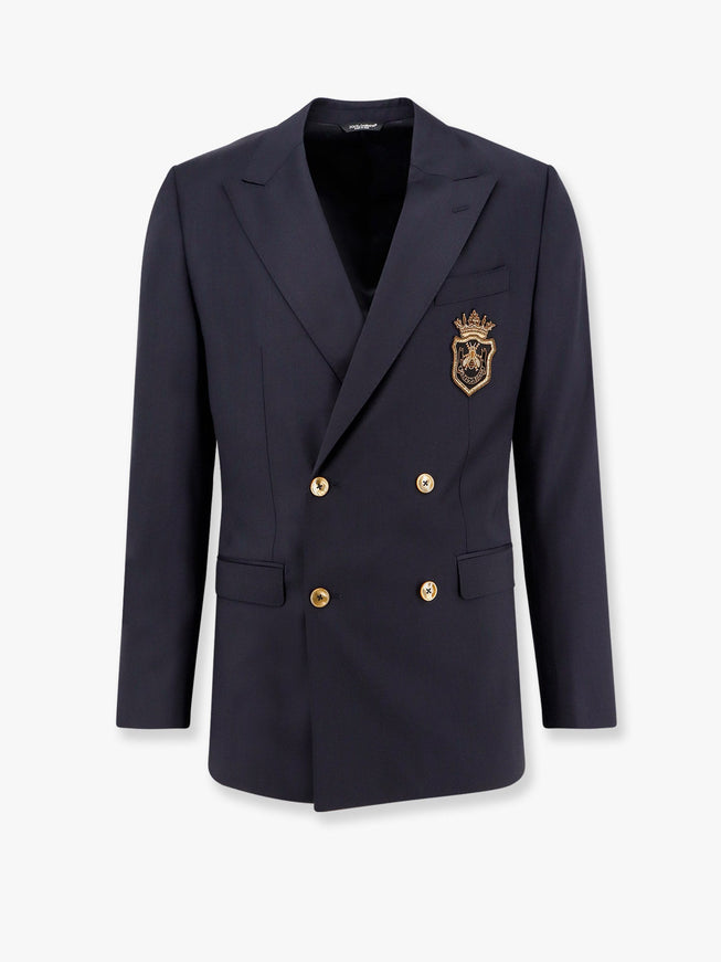 Dolce & Gabbana Stretch Virgin Wool Blazer With Frontal Logo Patch Blu