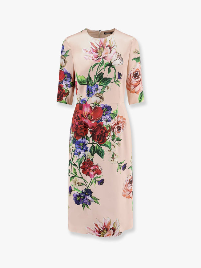 Dolce & Gabbana Satin Dress With Iconic Floral Print Rosa