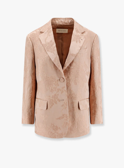Dries Van Noten Jacquard Linen Blend Blazer With Floral Motif Rosa