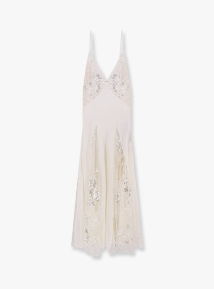Elisabetta Franchi Red Carpet Dress In Silk Georgette Fabric And Embroidered Lace 40 / Bianco Elisabetta Franchi Red Carpet Dress In Silk Georgette Fabric And Embroidered Lace 40 / Bianco