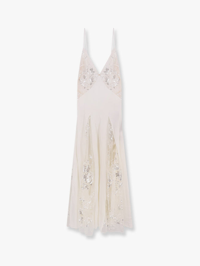 Elisabetta Franchi Red Carpet Dress In Silk Georgette Fabric And Embroidered Lace Bianco