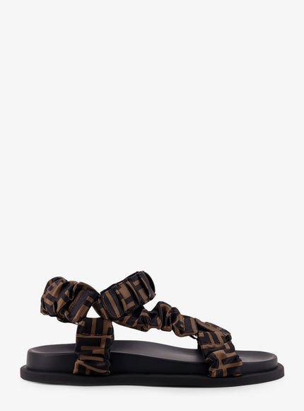 Fendi Feel Elastic Satin Sandals With Ff Motif Tabacco Nero