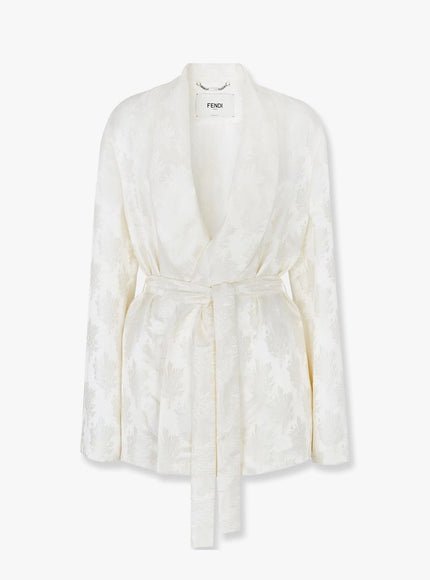 Fendi Jacquard Silk Blazer With Floral Motif Bianco