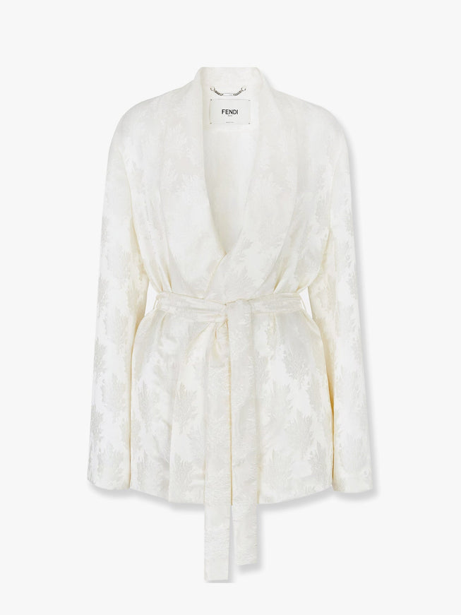 Fendi Jacquard Silk Blazer With Floral Motif Bianco