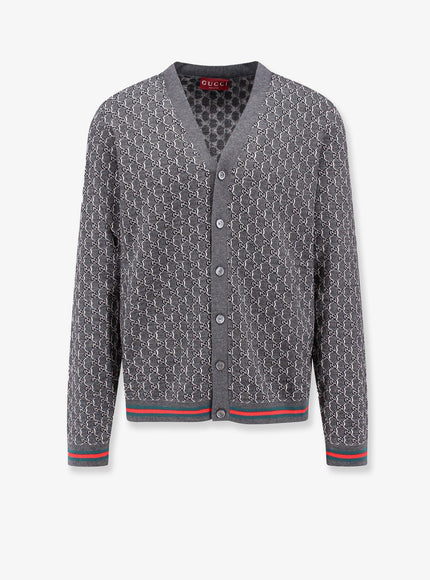 Gucci Wool And Silk Cardigan With Gg Motif Grigio