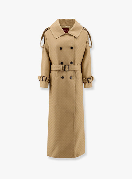 Gucci Wool And Silk Crepe Coat With All-Over Gg Motif Beige