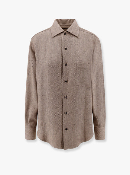 Loro Piana André Linen Shirt With Herringbone Motif Marrone