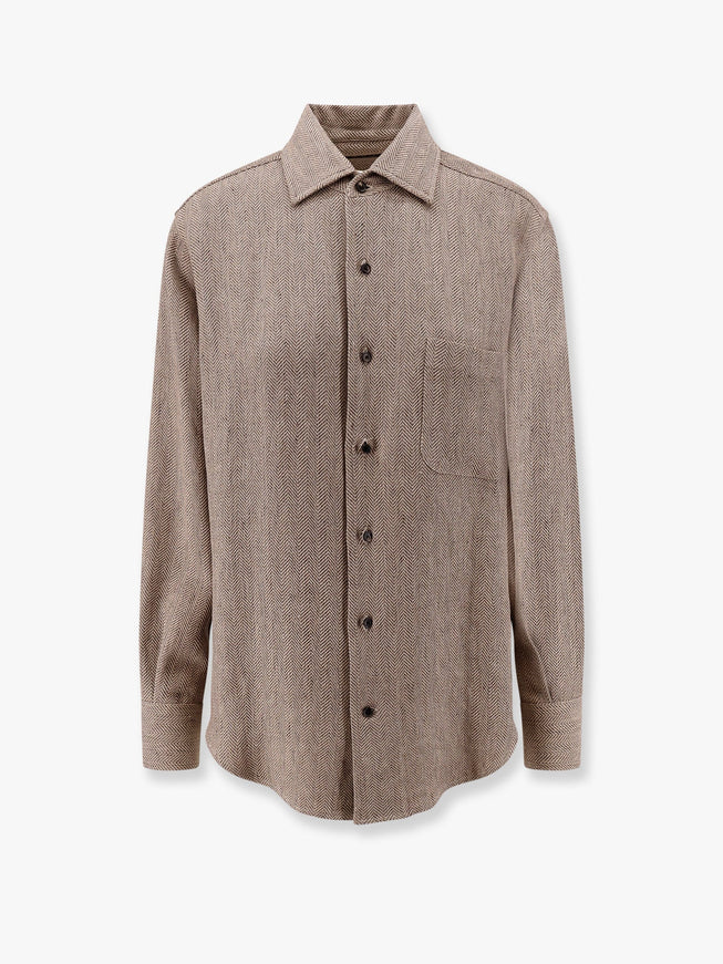 Loro Piana André Linen Shirt With Herringbone Motif Marrone