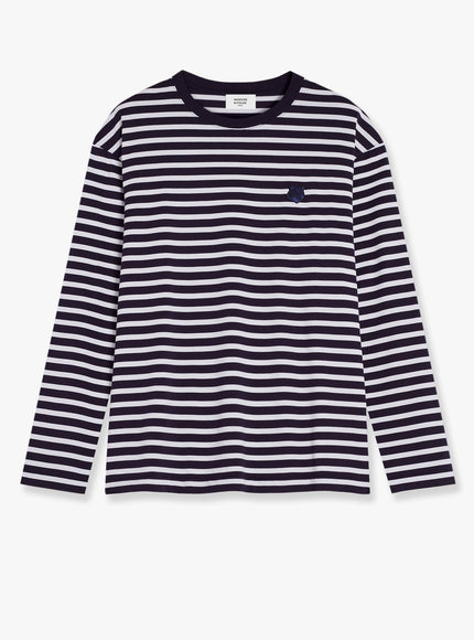 Maison Kitsune Striped Cotton Sweater With Iconic Logo Patch Blu