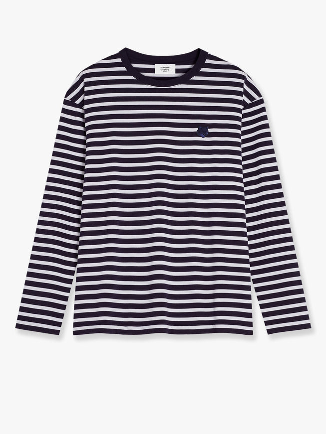 Maison Kitsune Striped Cotton Sweater With Iconic Logo Patch Blu