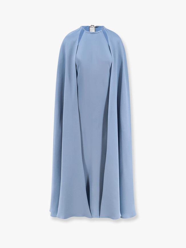Max Mara Managua Silk Long Dress With Silk Cape And Metal Detail Celeste