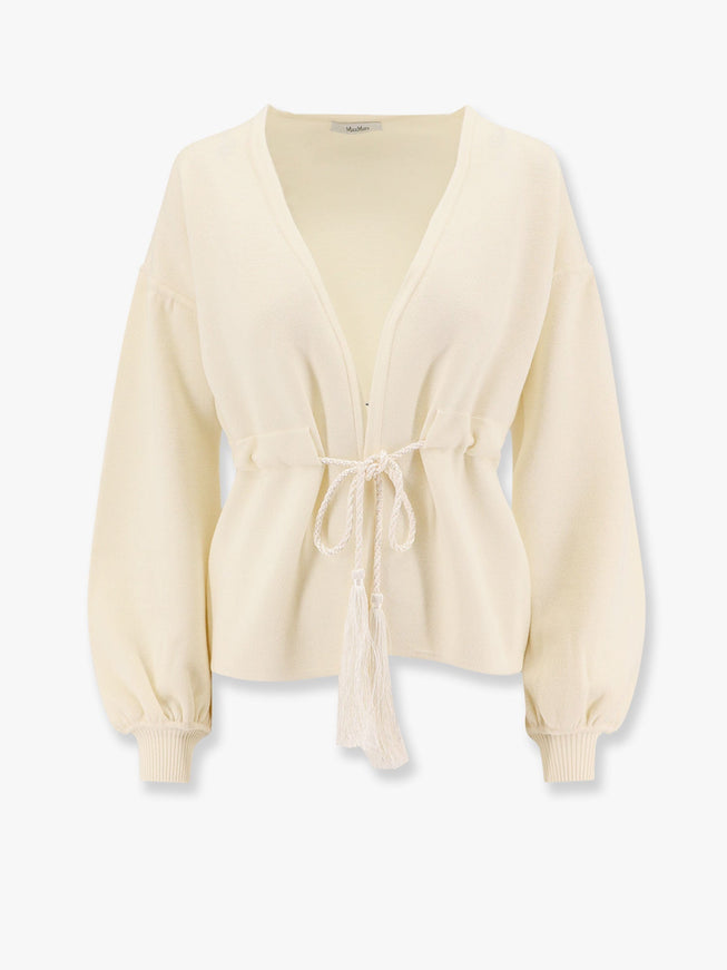 Max Mara Tiberio Virgin Wool Cardigan With Rope At Waist Bianco