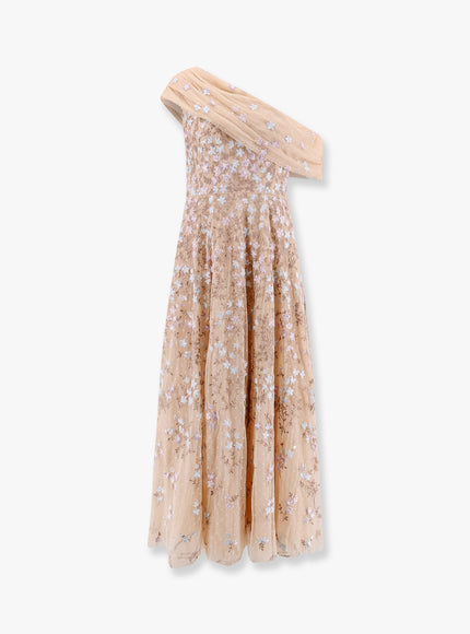 Needle & Thread One-Shoulder Long Dress With Multicolor Embroidery Beige