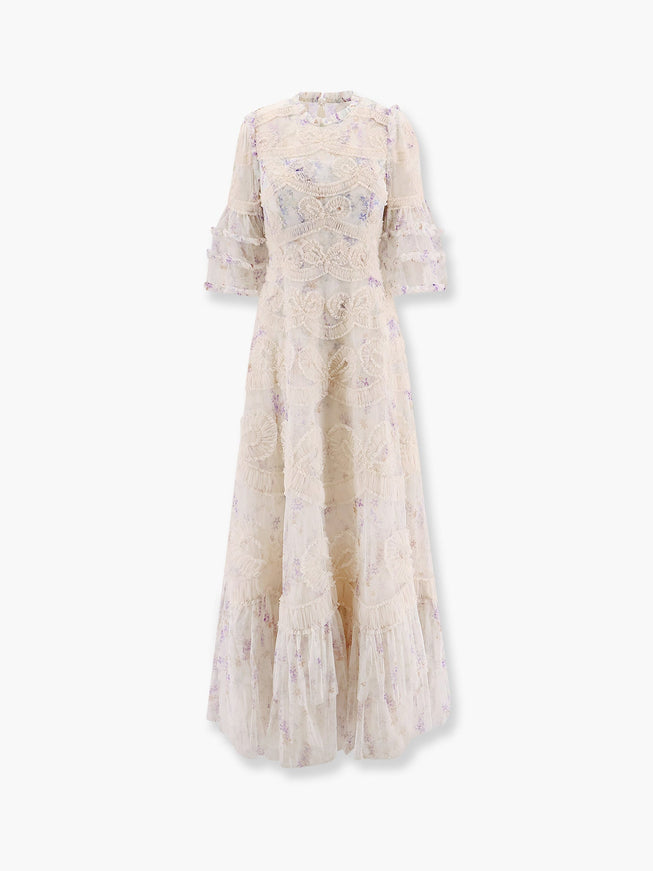 Needle & Thread Long Dress With Multicolor Motif Bianco